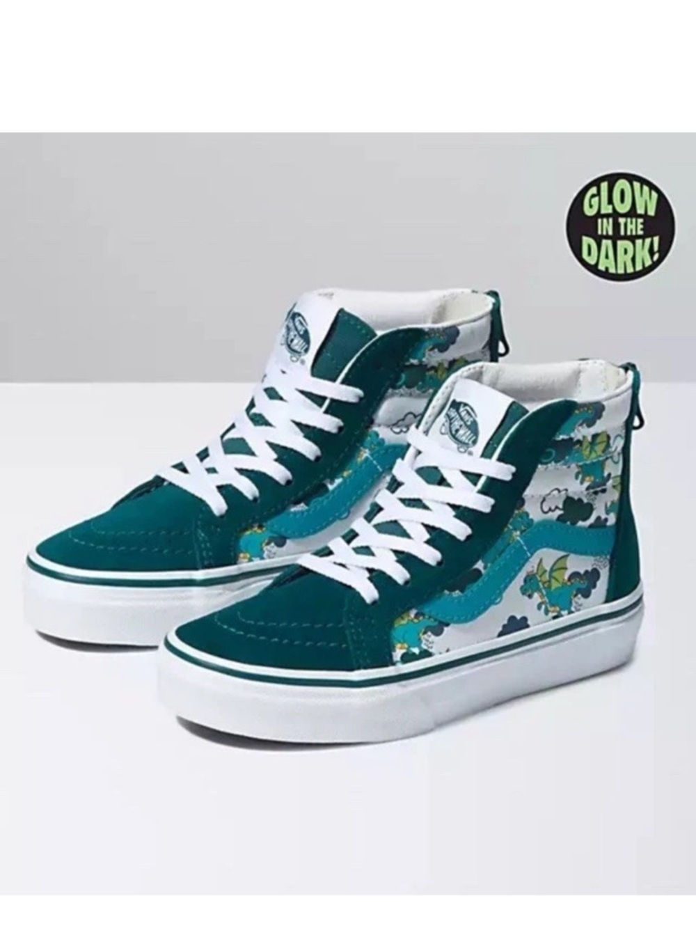 Vans | Kids Glow In The Dark Sneakers Youth Size 1 Green High Top Dinosaurs